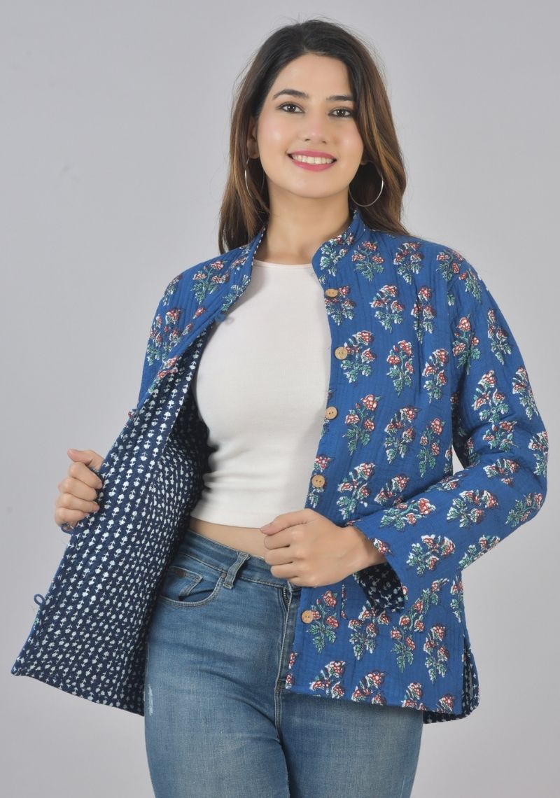 Reversible Full Sleeves Cotton Block Printed Quilted Jacket Blue and Navy Blue-49438