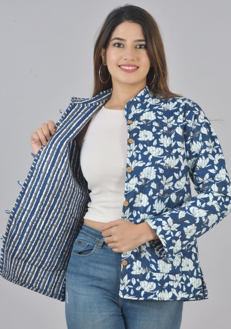 Reversible Full Sleeves Cotton Block Printed Quilted Jacket Blue and Navy Blue-49440