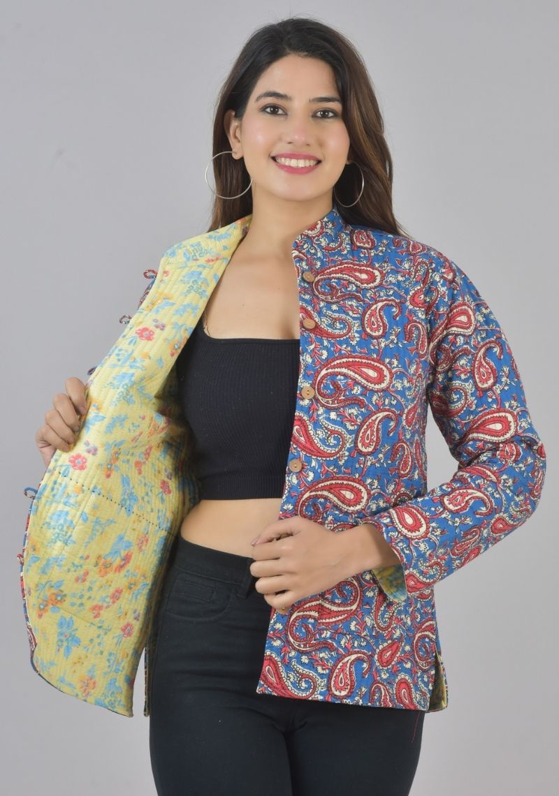 Reversible Full Sleeves Cotton Block Printed Quilted Jacket Blue and Yellow-49424