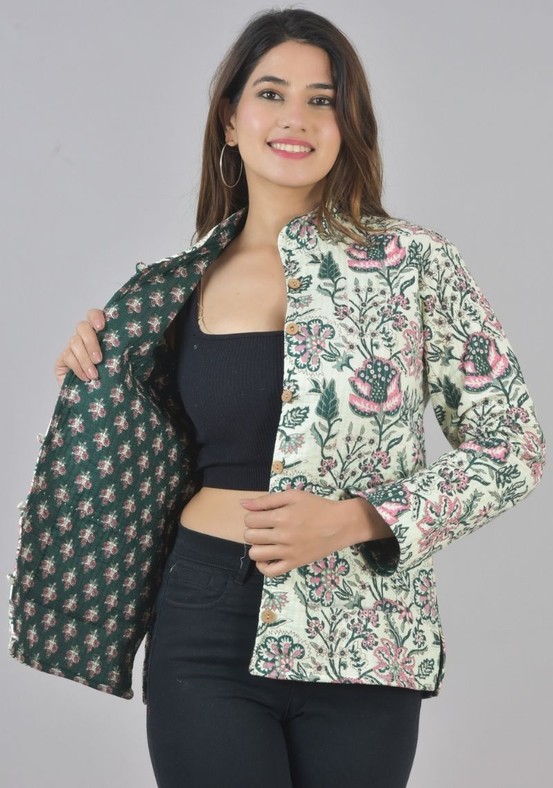 Reversible Full Sleeves Cotton Block Printed Quilted Jacket Bottle Green and Pink-49419