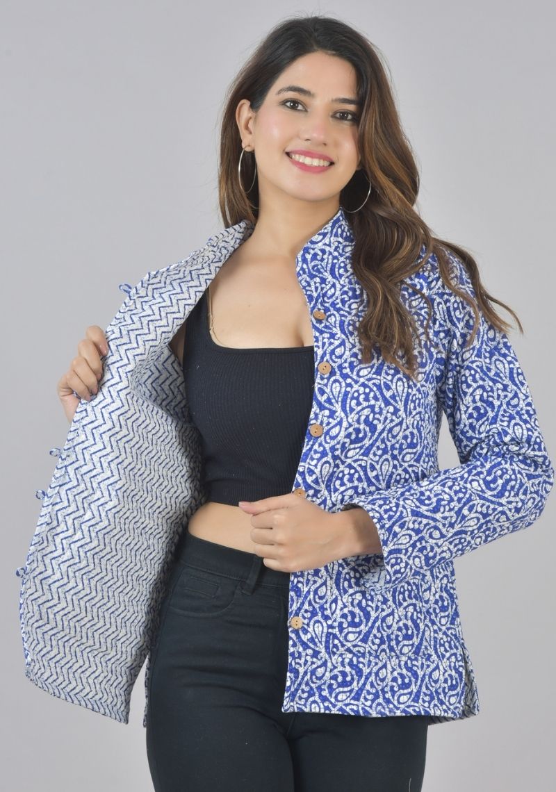 Reversible Full Sleeves Cotton Block Printed Quilted Jacket Indigo and Blue-49423