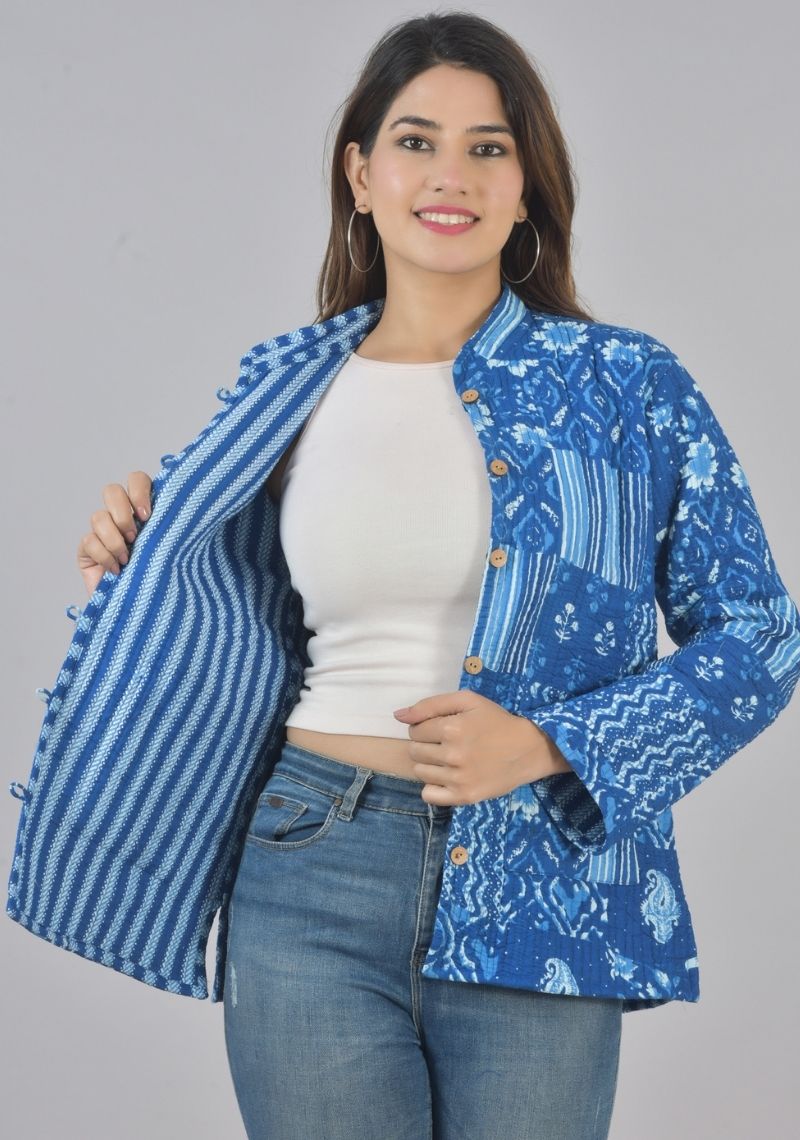 Reversible Full Sleeves Cotton Block Printed Quilted Jacket Indigo and Blue-49430