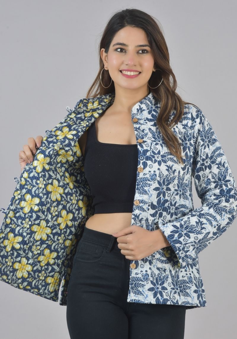 Reversible Full Sleeves Cotton Block Printed Quilted Jacket Indigo and Green-49427