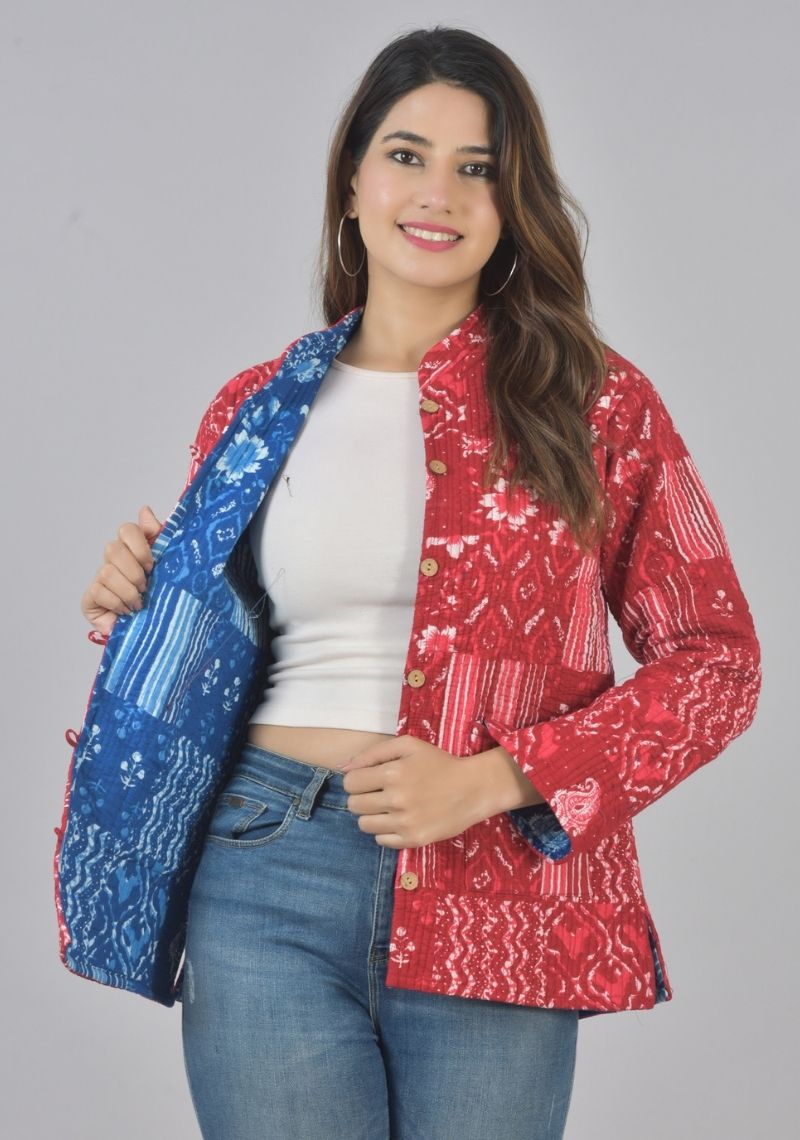 Reversible Full Sleeves Cotton Block Printed Quilted Jacket Indigo and Red-49437