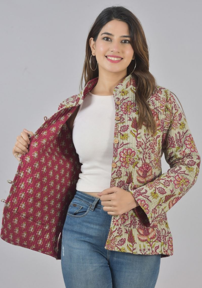 Reversible Full Sleeves Cotton Block Printed Quilted Jacket Maroon and Green-49431