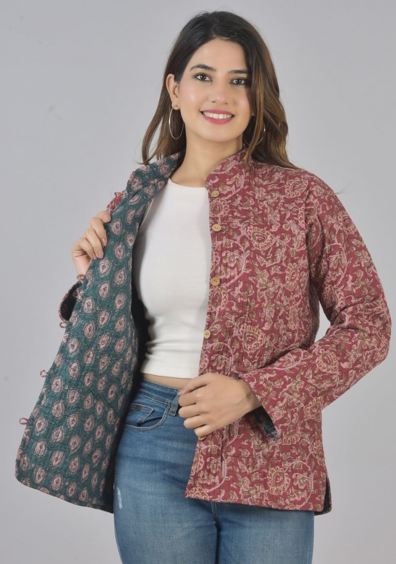 Reversible Full Sleeves Cotton Block Printed Quilted Jacket Maroon and Green-49434
