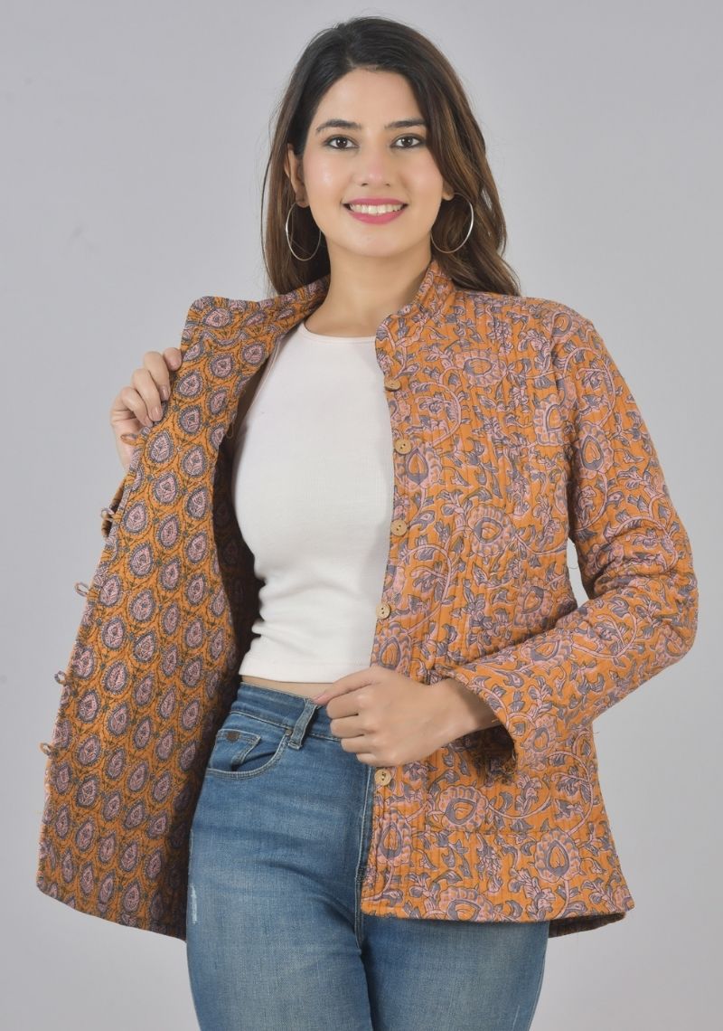 Reversible Full Sleeves Cotton Block Printed Quilted Jacket Mustard Yellow and White-49435