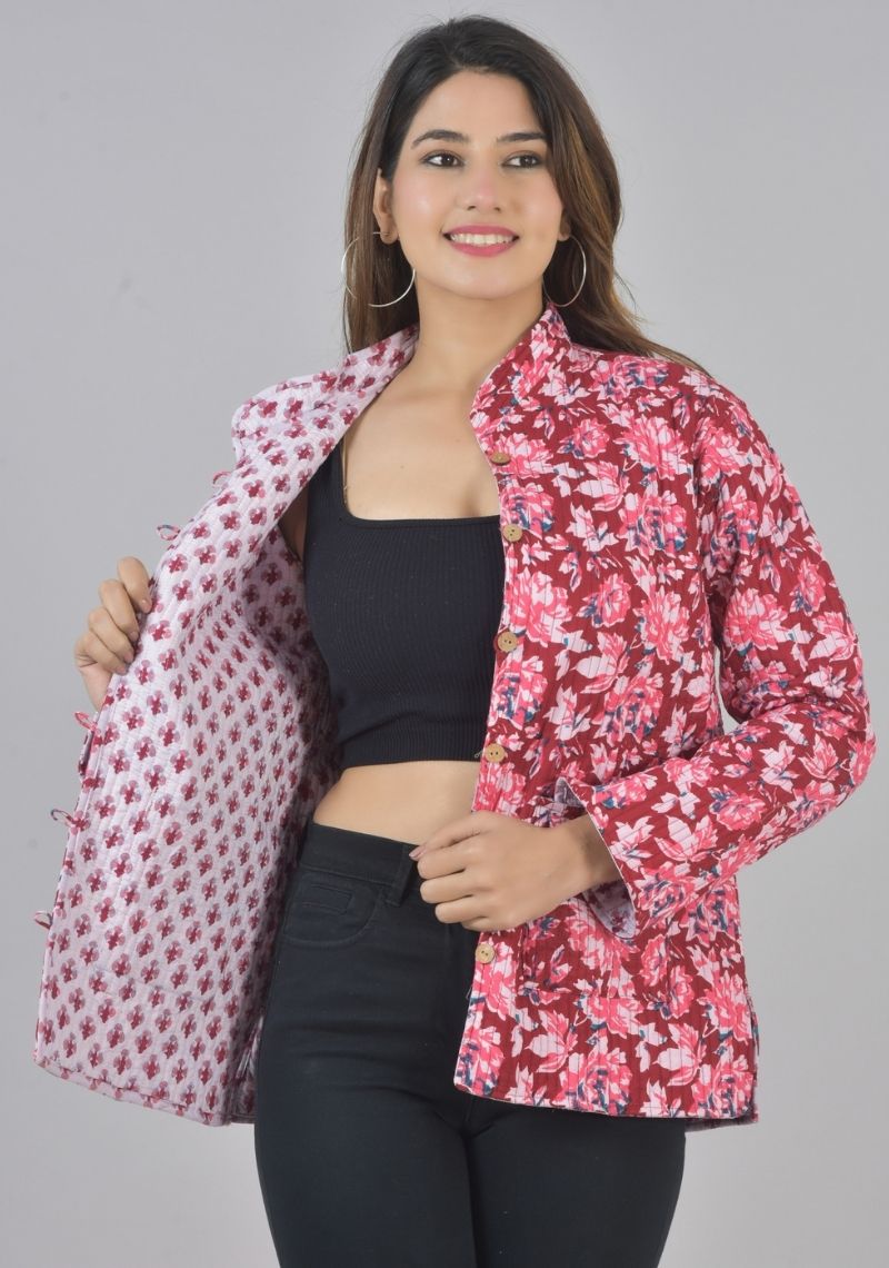 Reversible Full Sleeves Cotton Block Printed Quilted Jacket Pink and Red-49428