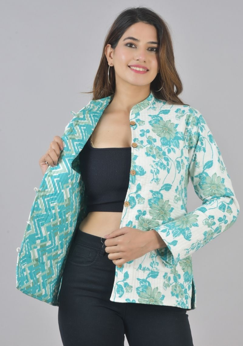 Reversible Full Sleeves Cotton Block Printed Quilted Jacket Sky Blue and Green-49420