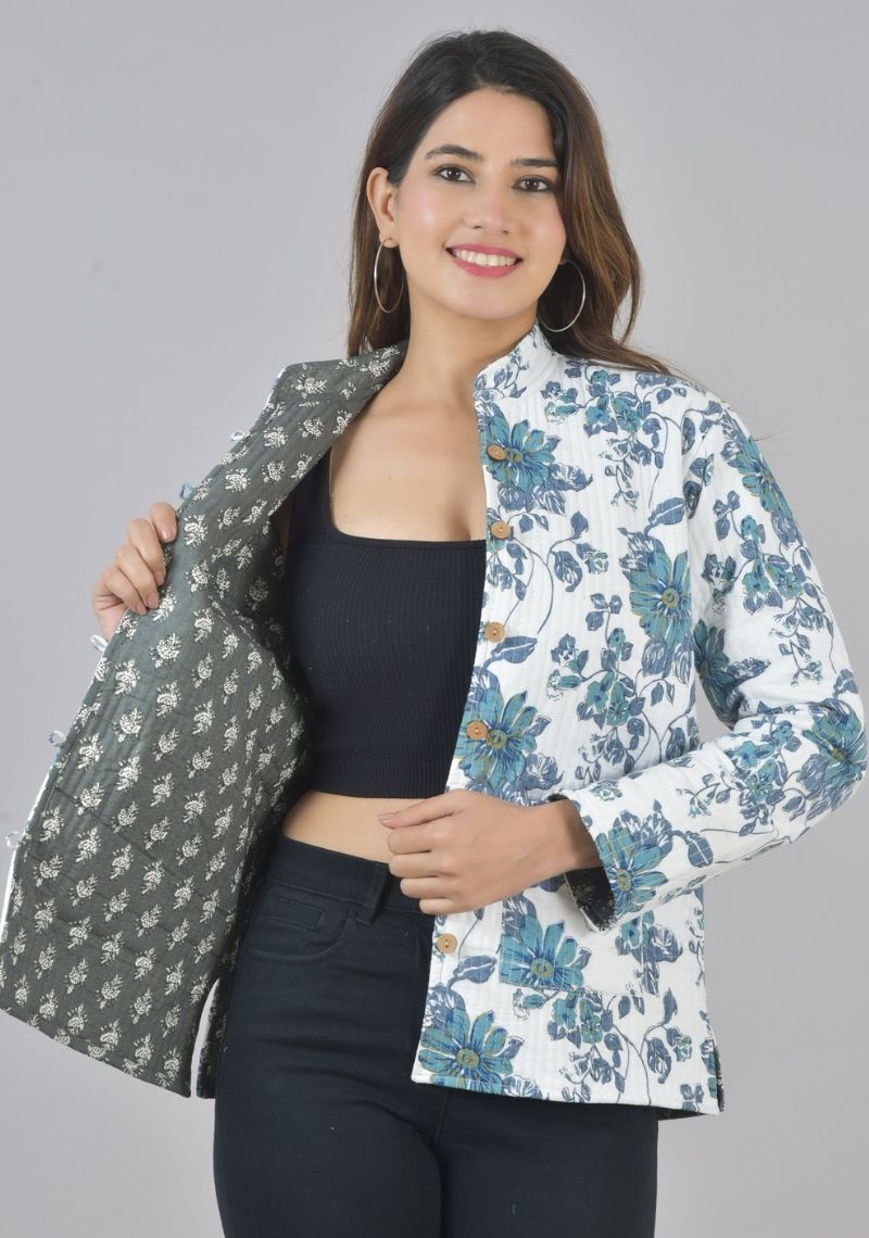 Reversible Full Sleeves Cotton Block Printed Quilted Jacket White and Gray-49425