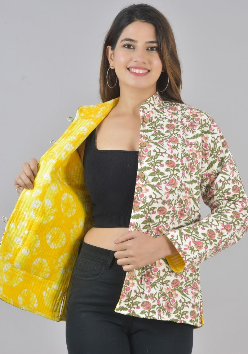Reversible Full Sleeves Cotton Block Printed Quilted Jacket Yellow and White and Pink-49426