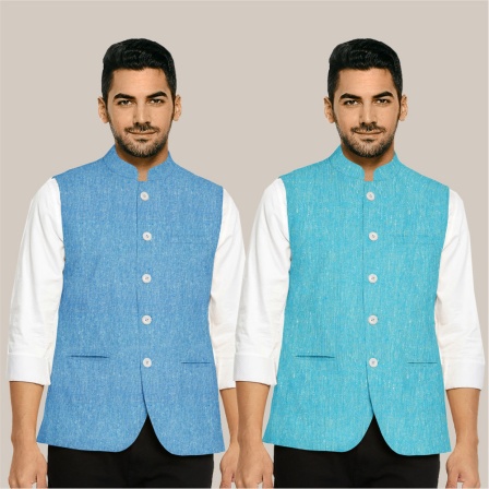Buy Blue and Sky Blue Men Nehru Jacket Reversible Pure Cotton