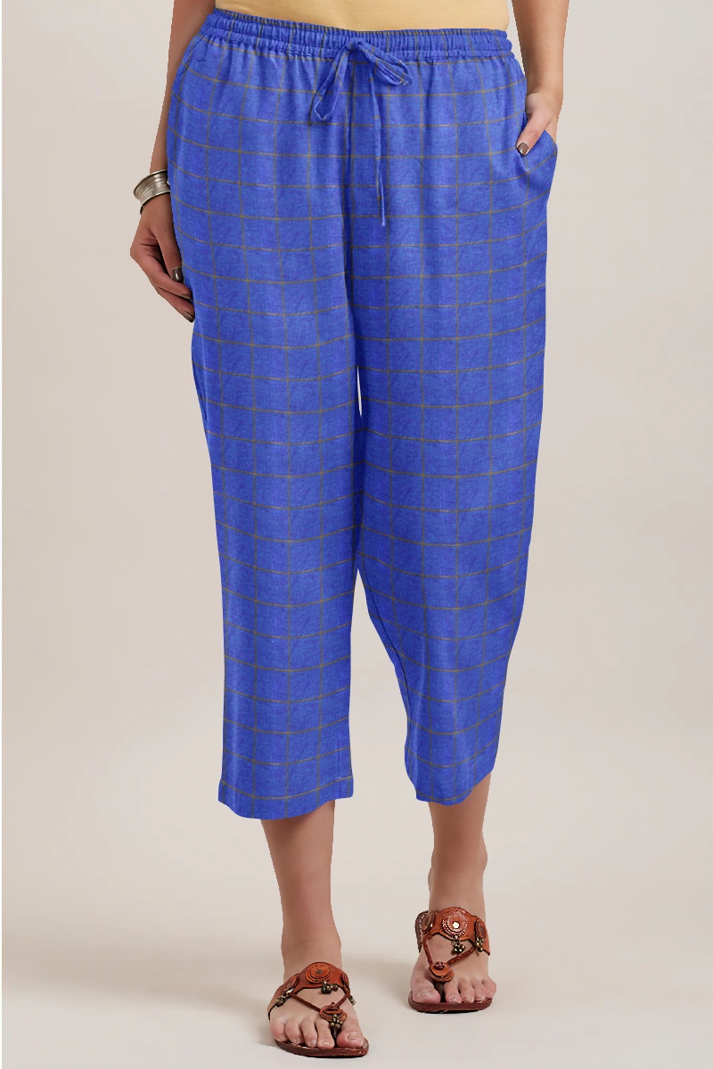 Royal Blue Black Cotton Check Women Culotte-35930