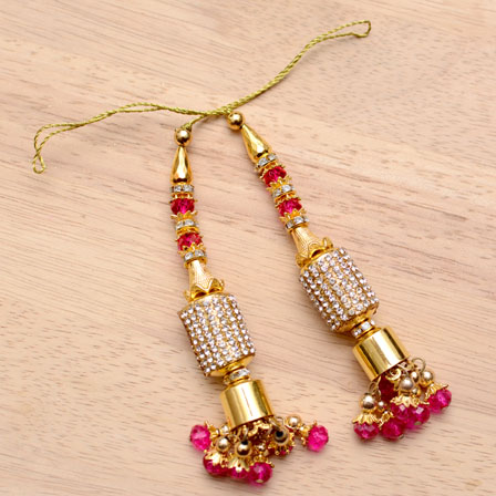 Golden Handmade Decorative Latkans with Pink Stones-0022