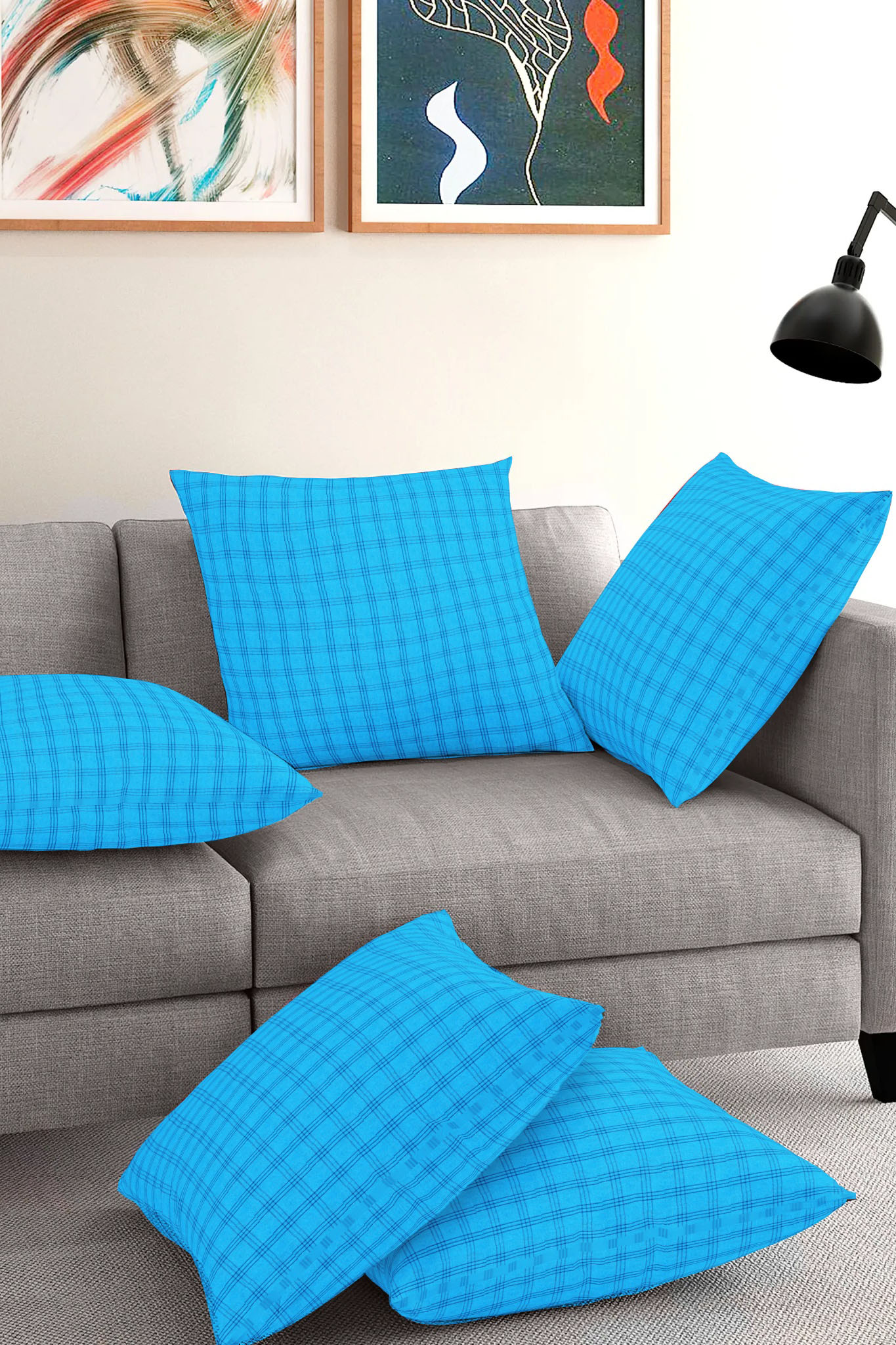 Set of 5-Sky Blue Blue Cotton Cushion Cover-35413-16x16 Inches