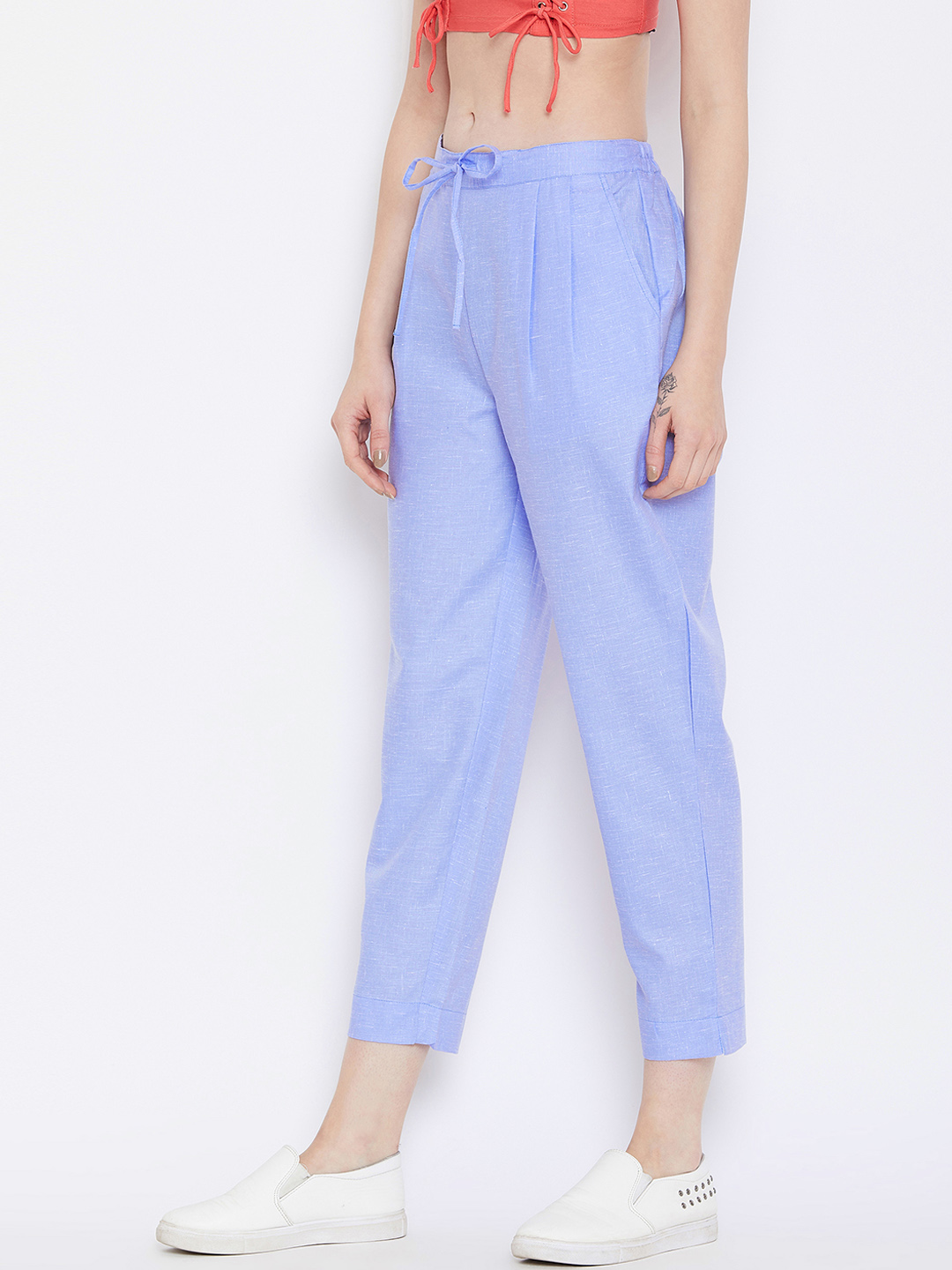 Sky Blue Cotton Cropped Pant-33548