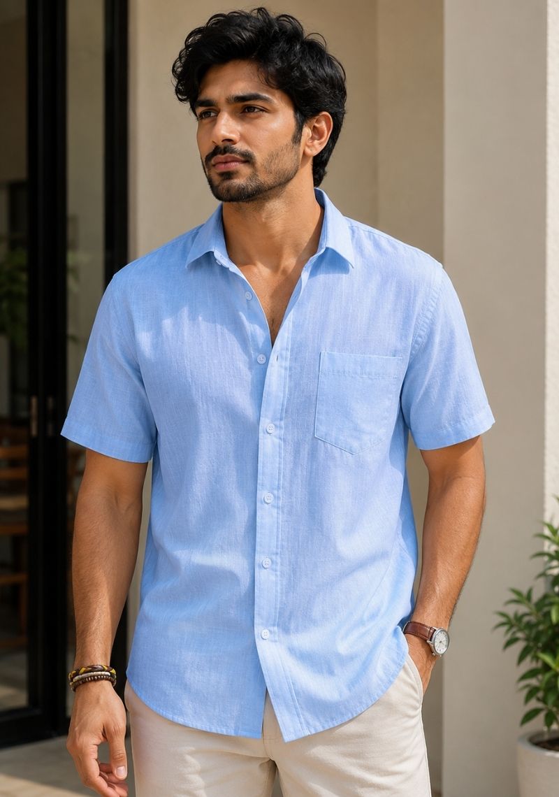 Sky Blue Cotton Linen Relaxed Fit Half Sleeve Shirt-51711