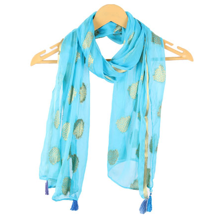 Sky Blue Golden Digital Printed Chiffon Stole with Tassle-33628
