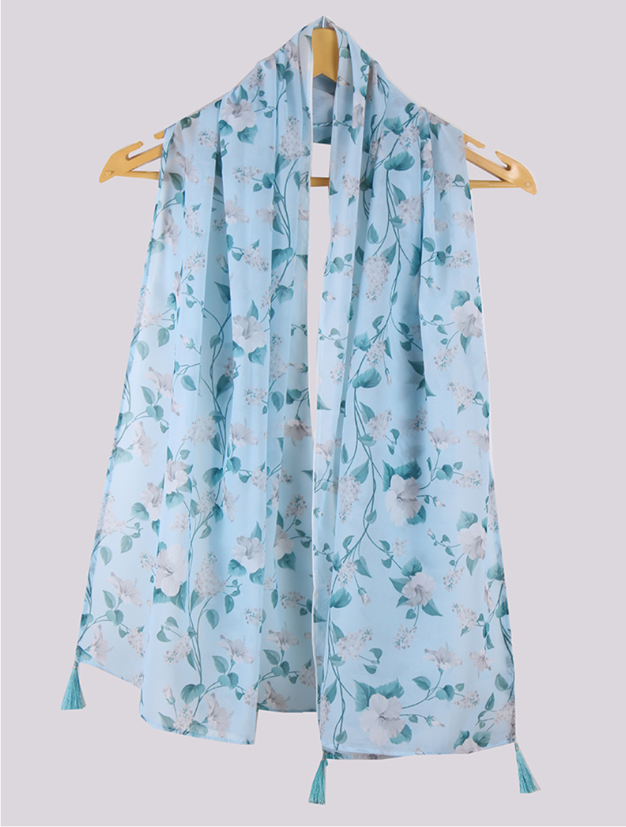 Sky Blue Green Digital Printed Georgette Stole with Tassel-33416