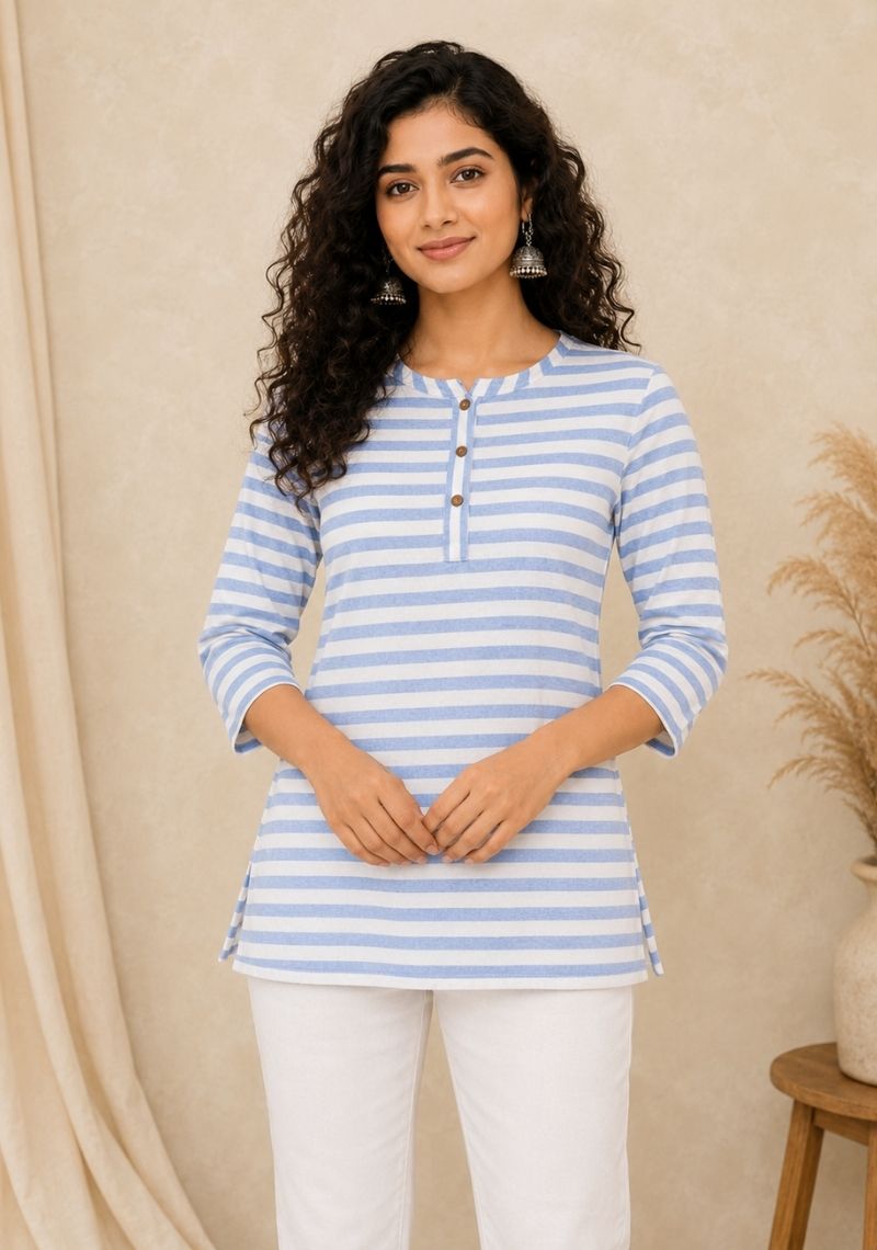 Sky Blue and White Cotton Ethnic Women Stripe Short Top-51170