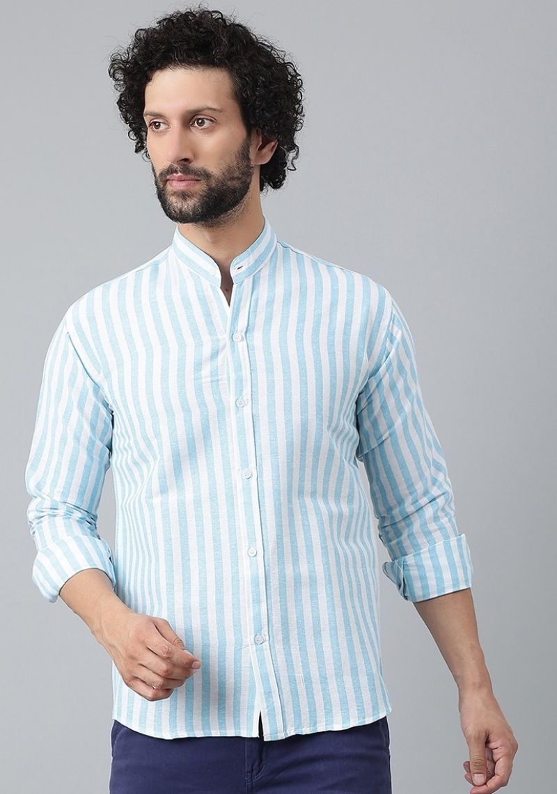 Sky Blue and White Cotton Handloom Stripe Men Shirt-48729