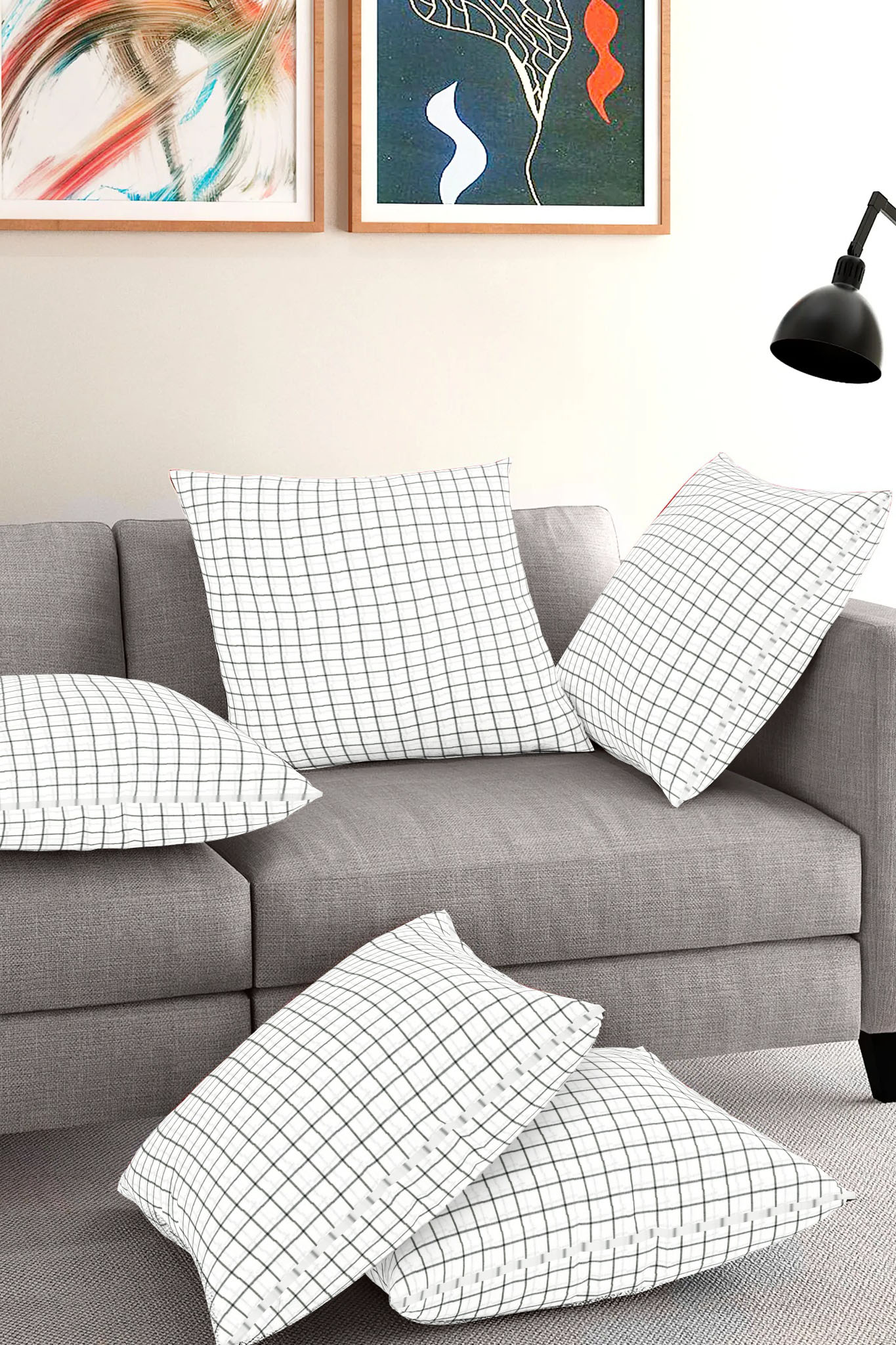 Set of 5-White Black Cotton Cushion Cover-35409-16x16 Inches
