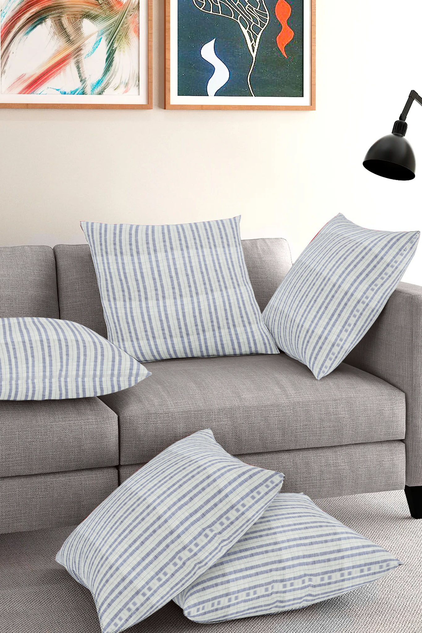 Set of 5-White Blue Cotton Cushion Cover-35402-16x16 Inches