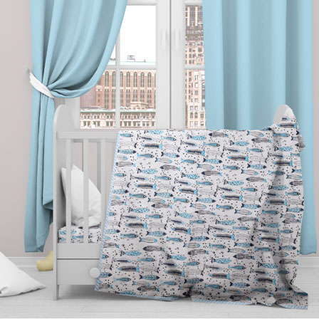White Blue Fish Cotton Block Print Baby Quilt-33133