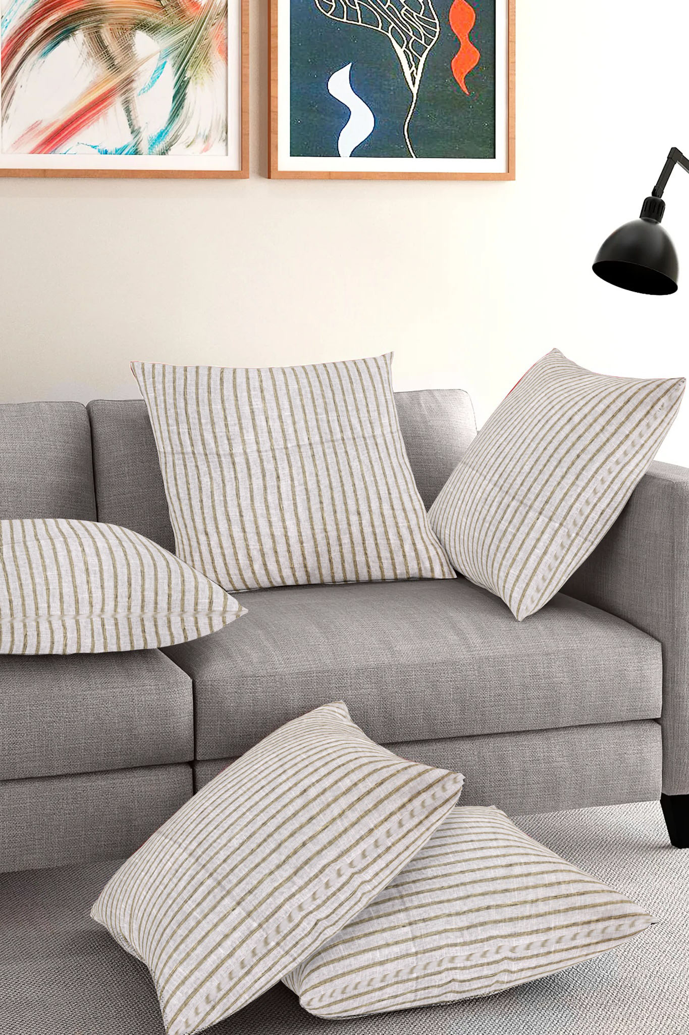 Set of 5-White Brown Cotton Cushion Cover-35405-16x16 Inches