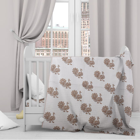 White Brown Peacock Cotton Block Print Baby Quilt-33129