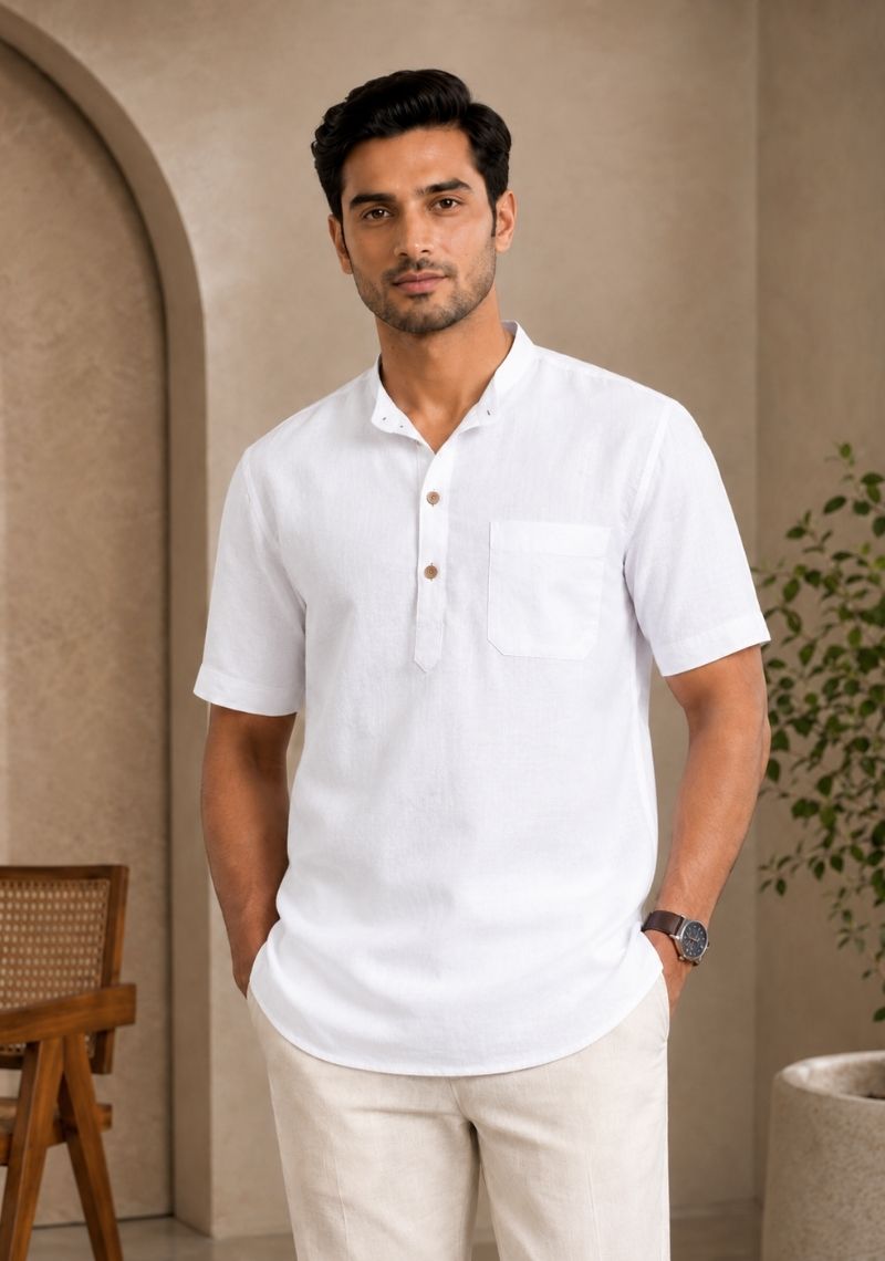 White Cotton Half Sleeves Short Kurta-51292
