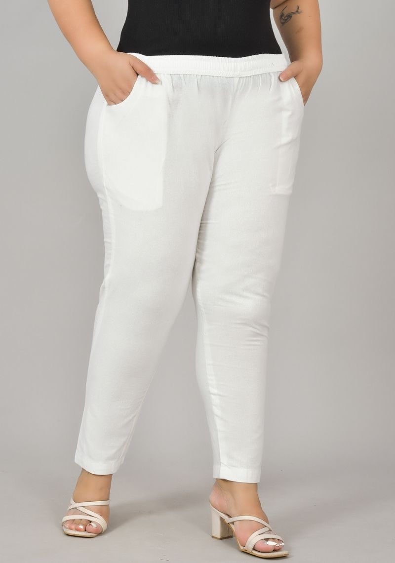 White Cotton Plus Size Regular Wear Women Pant-48405