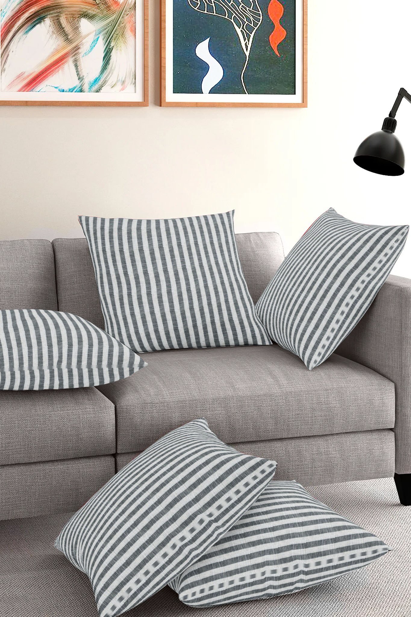 Set of 5-White Gray Cotton Cushion Cover-35407-16x16 Inches