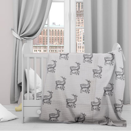 White Gray Deer Cotton Block Print Baby Quilt-33143