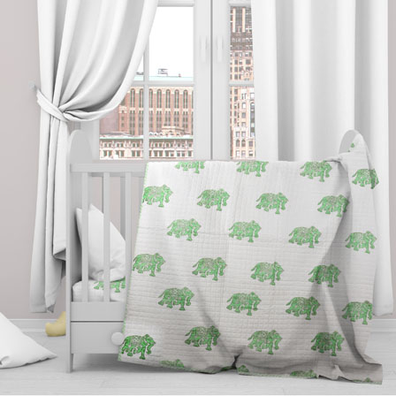 White Green Elephant Cotton Block Print Baby Quilt-33130
