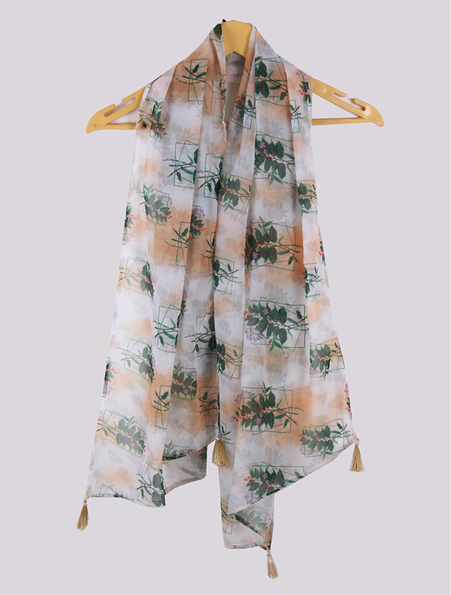 White Green Digital Printed Georgette Stole with Tassel-33406