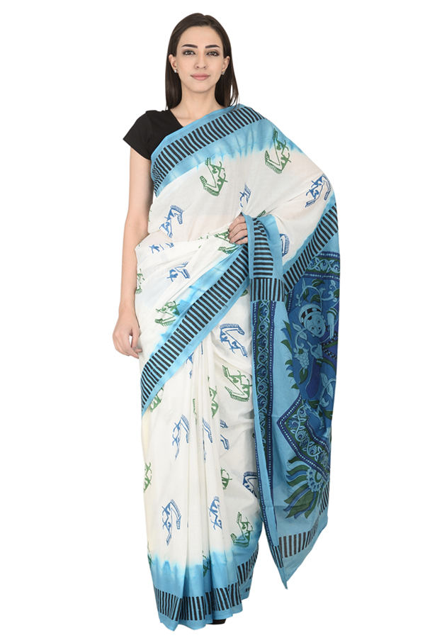 White-Green and Blue Cotton Block Print Saree-20116