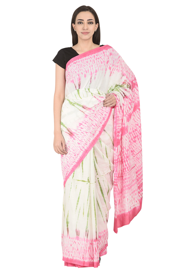White-Green and Pink Cotton Tie Dye Print Saree-20121