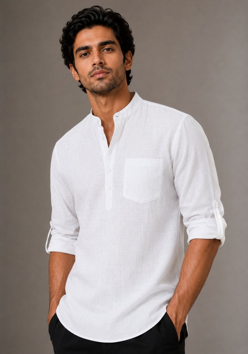 White Linen Solid Short Kurta-51026