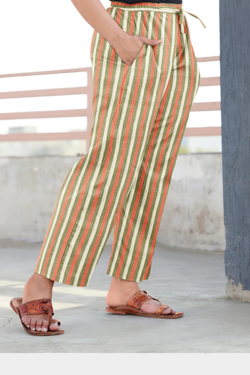 White Orange and Green Cotton Khadi Striped Loose Pant-35878