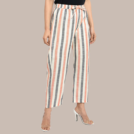 White Peach and Black Cotton Stripe Pant-36301