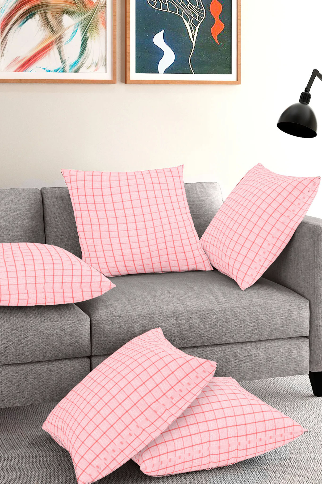 Set of 5-White Pink Cotton Cushion Cover-35382-16x16 Inches