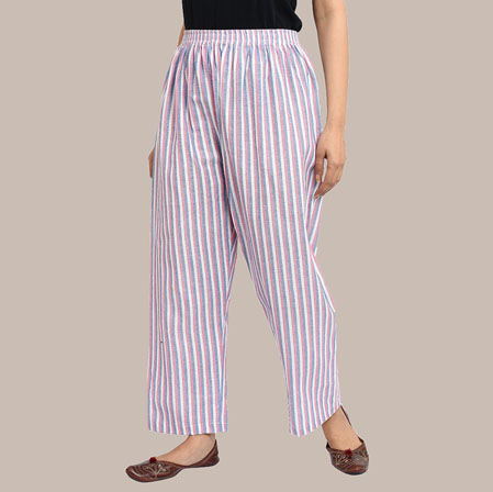 White Pink and Gray Cotton Stripe Palazzo Pant-36305