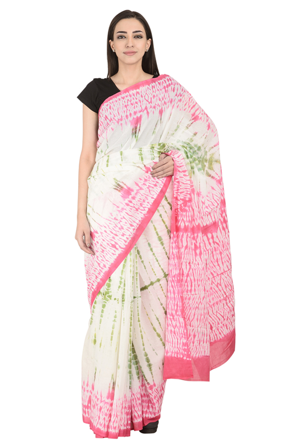 White-Pink and Green Cotton Tie Dye Print Saree-20117