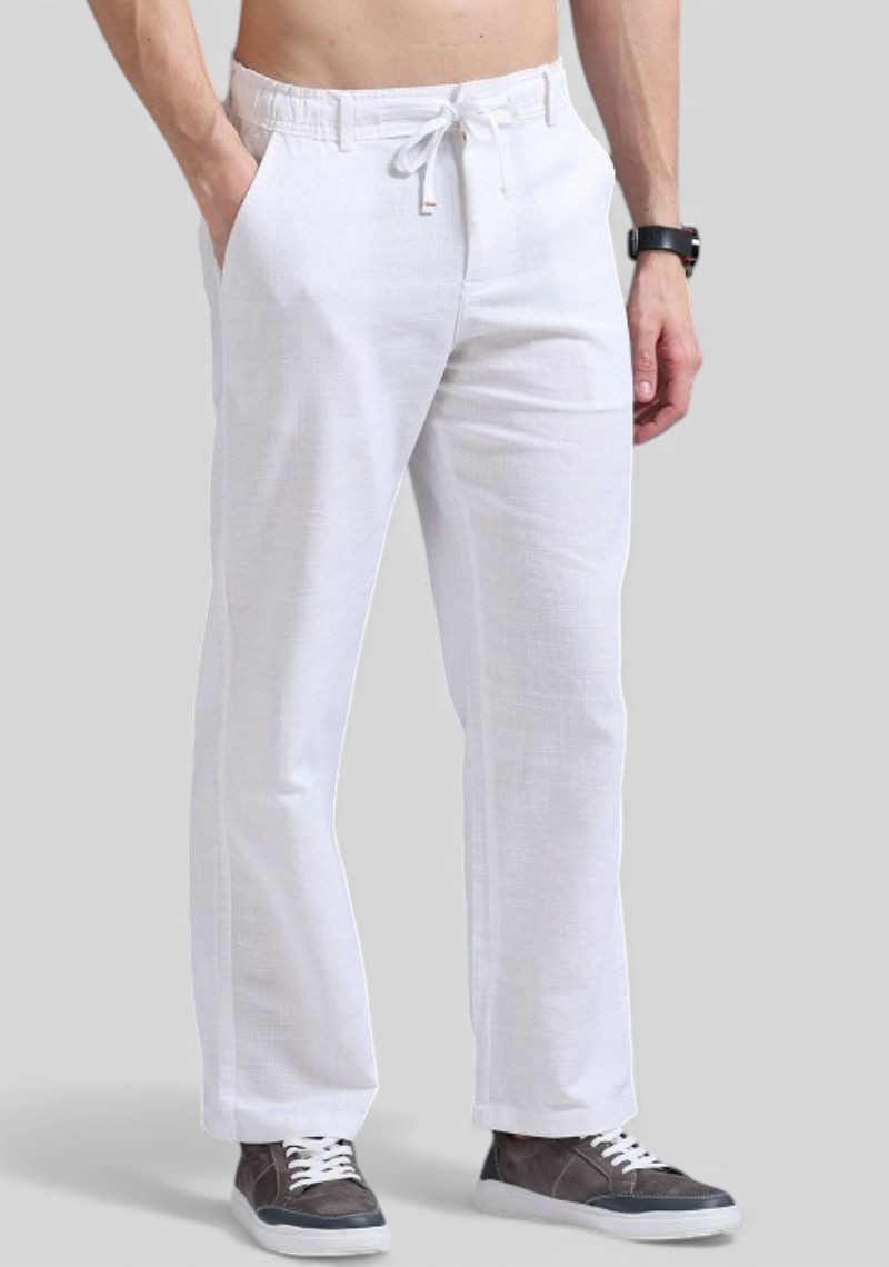 White Premium Linen Relaxed Fit Loose Fit Men Trouser-50470