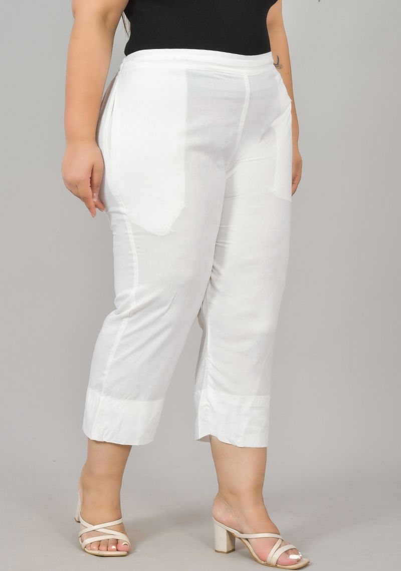 White Rayon Plus Size Ankle Length Women Pant-48418