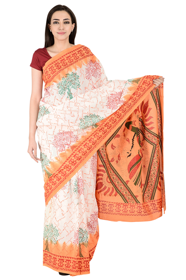 White-Red and Green Cotton Block Print Kalamkari Saree-20138