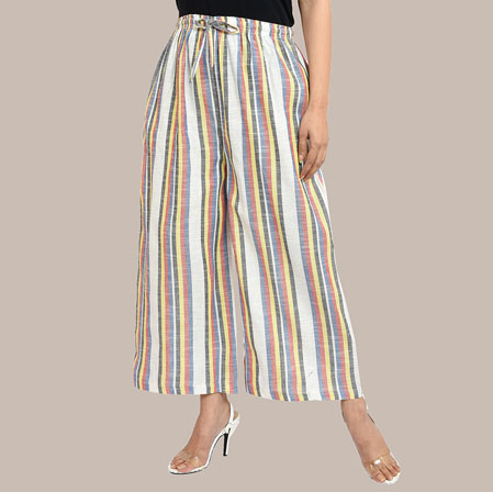 White Yellow Cotton Stripe Palazzo Pant-36300