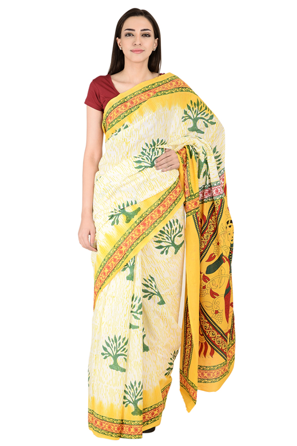 White-Yellow and Green Cotton Block Print Kalamkari Saree-20139