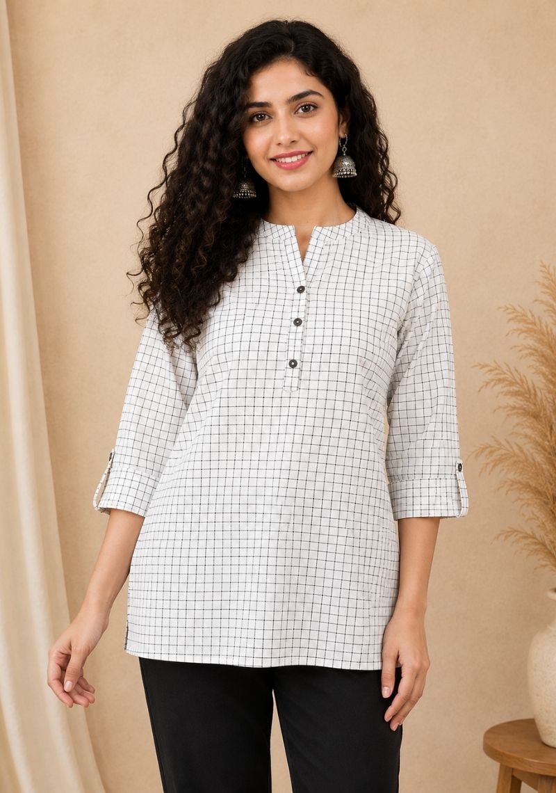 White and Black Cotton Ethnic Women Stripe Short Top-51171